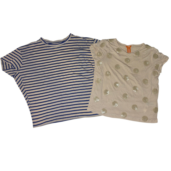 Lot of 2 Joe Fresh Tops, Sz L, Blue White Oversized Beige Polka Dot Mesh Sequin - Picture 1 of 8